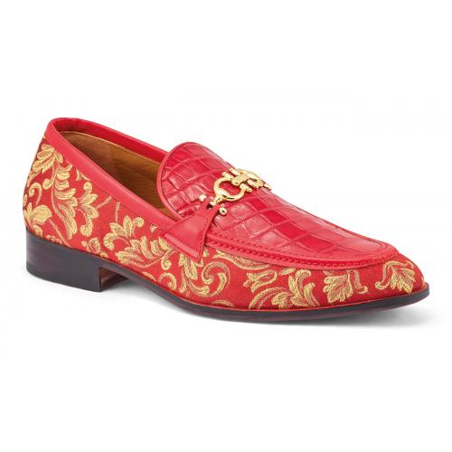 Mauri "Wealth" Red Genuine Alligator / Gobelins Fabric / Calf-Skin Leather Horsebit Loafer Shoes 4954.